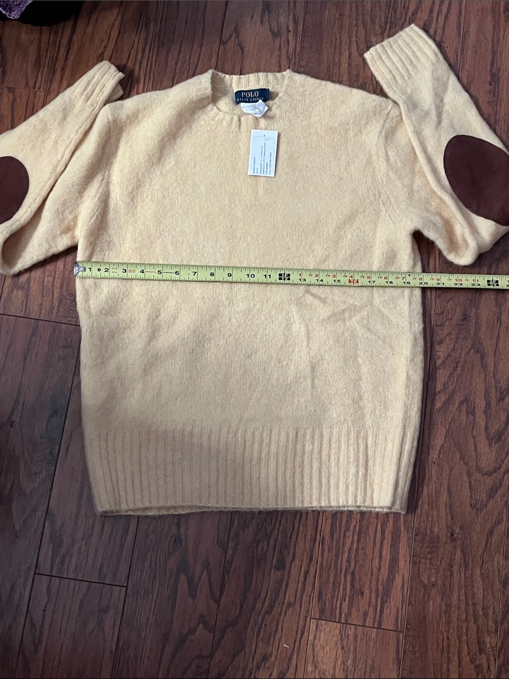 NEW! Polo by Ralph Lauren Yellow Crewneck Sweater with Brown Elbow Patch - Picture 16 of 16